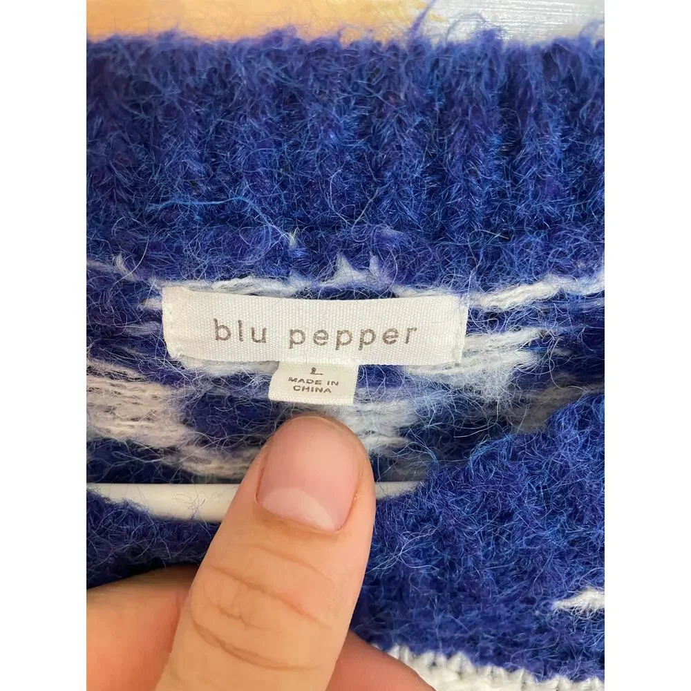 Blu Pepper Large Blue Ivory Mixed Pattern Checkerboard Knit Sweater